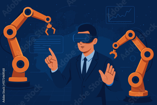 Engineer with VR headset manages robotic arms in virtual reality. Metaverse, industry 4.0. Man controls automation in smart factory with real-time data analysis and simulation.