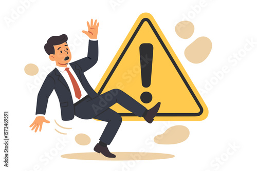 Business risk, mistake caution, and problem warning concept. Cautious man slipping and falling on exclamation symbol. Failure prevention, danger alert, and beware metaphor.