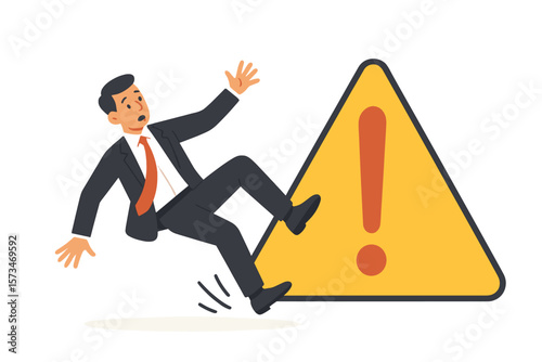 Business risk warning concept. Businessman stumbling, falling on a huge yellow exclamation mark sign. Metaphor for mistake, failure prevention, danger and caution.