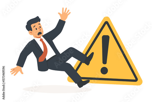 Business risk, mistake, and failure prevention concept. A cautious businessman character is slipping and falling on a yellow warning sign with an exclamation mark. Metaphor for danger.