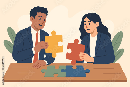 Business team collaboration concept. Man and woman coworkers working together with puzzle pieces. Partnership and teamwork for problem solving, strategy and success.