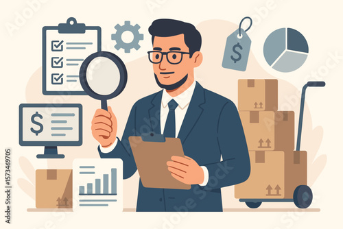 Procurement manager overseeing asset management. Purchasing company equipment, goods and services. Auditing price, checking depreciation. Supply chain financial concept vector.