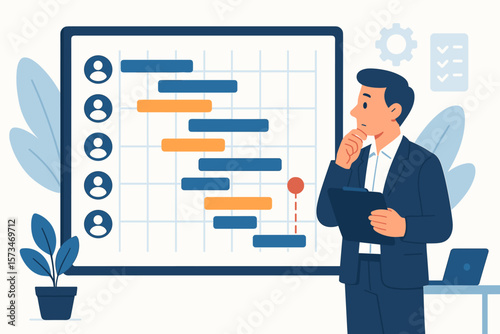 Project manager planning schedule and resource allocation on Gantt chart. Businessman reviewing development plan, deadline and workflow. Product launch strategy concept.