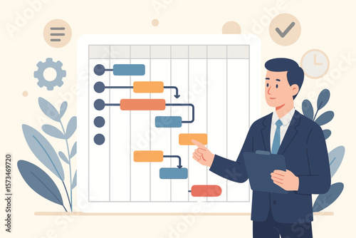 Businessman project manager planning schedule with gantt chart. Project timeline and development plan. Resource management and working tasks organization. Workflow concept.