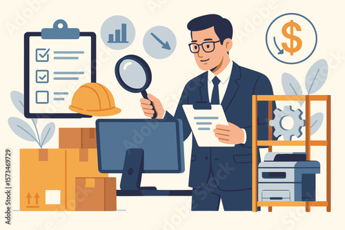 Procurement and asset management. Manager purchasing equipment, goods, services. Auditing inventory, price, depreciation. Supply chain, business financial control concept.