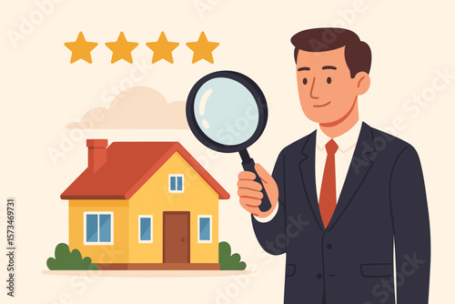 Real estate appraisal. Property price evaluation. Housing assessment. Market value concept. Home inspection and rating. Businessman appraiser with magnifier. Residential sale.