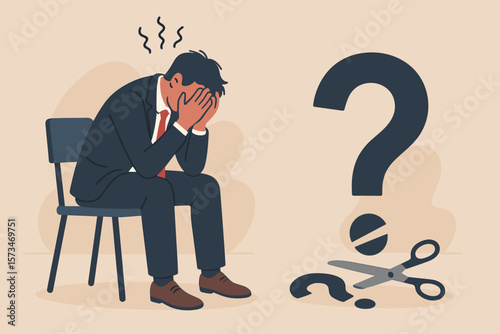 Business mistake and failure concept. Frustrated, depressed businessman feeling regret over financial loss and debt. Anxiety and stress from wrong decision. Cutting uncertainty.