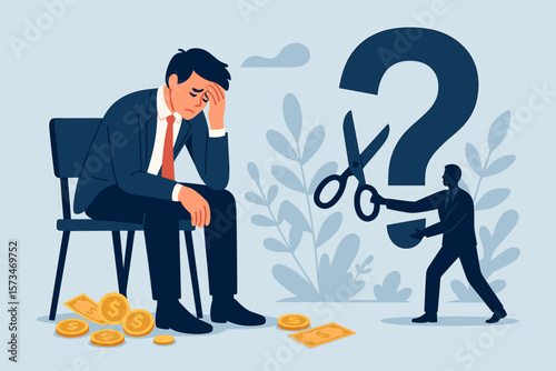 Business mistake regret. Frustrated, depressed man. Financial loss, bankruptcy concept. Stressed businessman with money problem. Cutting losses metaphor with scissors and question mark.
