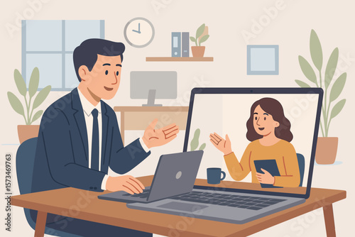 Remote work team meeting and online communication. Business discussion via video conference call. Virtual connection between home and office concept. Man and woman collaborating.