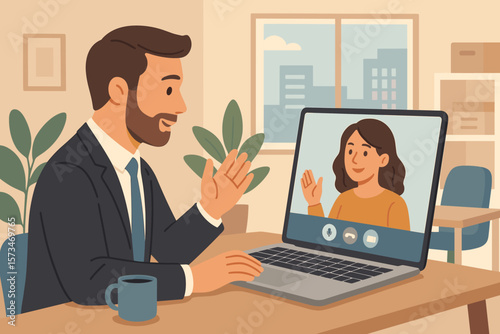 Remote work team meeting online. Business video conference call. Virtual communication concept. Man and woman talking on laptop screen. Telecommuting and corporate discussion.