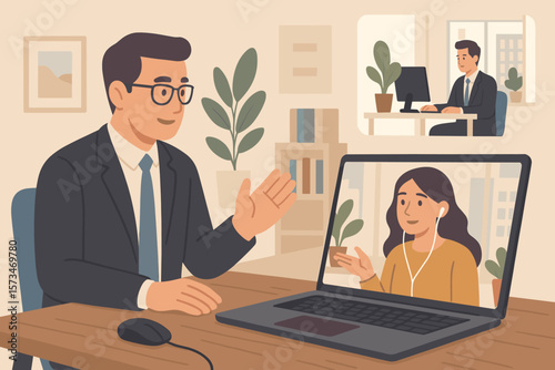 Remote work team meeting concept with online communication and business discussion. Video conference linking home and office with businessman and woman virtually collaborating.