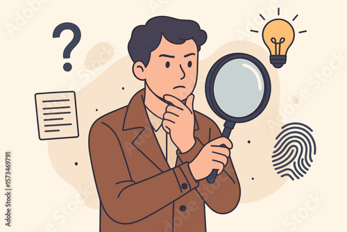 Man with magnifying glass searching for information. Detective investigating. Concept of research, analysis, problem-solving, discovery, evidence, inspection and finding insights.