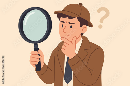 Detective character with magnifying glass. Search, discover, analyze and research concept. Man investigating, finding information and insight. Curiosity and problem solving.