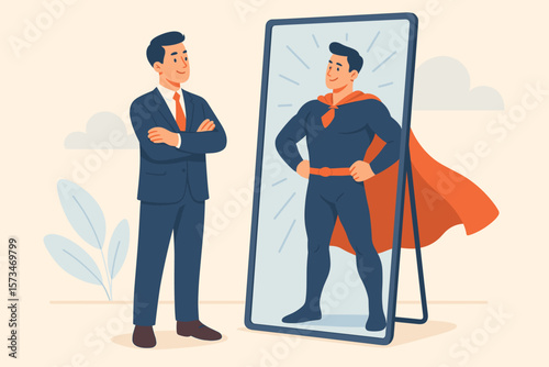 Businessman Sees Superhero Reflection, Self Confidence, Self Esteem, Motivation, Ambition, Success Concept, Believe in Yourself, Achieve Goals, Determination, Positive Attitude, Leadership
