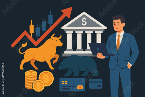 Stock market trading concept with bull and bear. Businessman investor analyzing financial growth. Banking, investment and finance vector flat illustration on dark background.