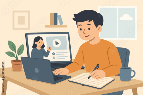 Man studying an online course. E-learning and knowledge concept. Young adult student learning new skill from internet. Remote education and training class on laptop at home.