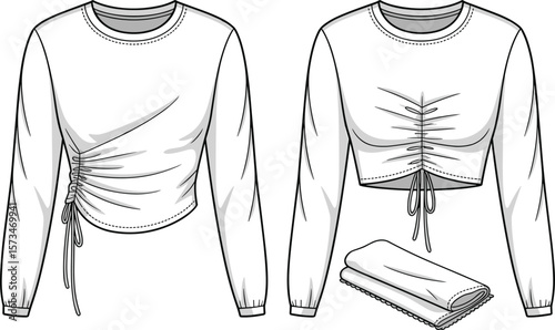 Women's Long Sleeve Ruched Cropped T-Shirt Fashion Technical Sketch Flat CAD Drawing Vector Illustration for Apparel Design and Sewing Pattern Template