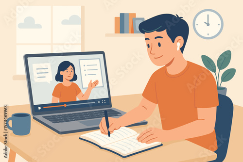 E-learning concept with young man studying online course. Student watching video lesson for new skill development. Employee training at webinar. Distance education from home.