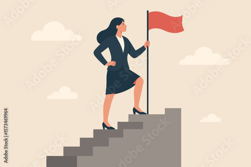 Successful female entrepreneur on a career ladder. Woman leadership and achievement concept. Businesswoman at the top of the stairs with a winning flag. Goal and victory metaphor.