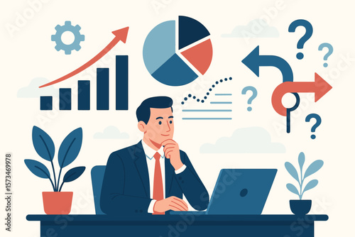 Effective decision making strategy for business success. Businessman analyzing financial data on charts. Corporate manager thinking about choices, solutions and growth.