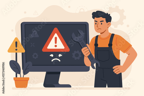 System error concept. Technician with wrench fixing computer. Software problem, hardware fault, maintenance service. IT support with warning alert sign on monitor screen.