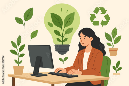 Eco-Friendly Office Sustainability, Green Business Culture, Environmental Responsibility, ESG Strategy, Businesswoman at Computer, Workplace Plants, Recycling, Ecology Concept