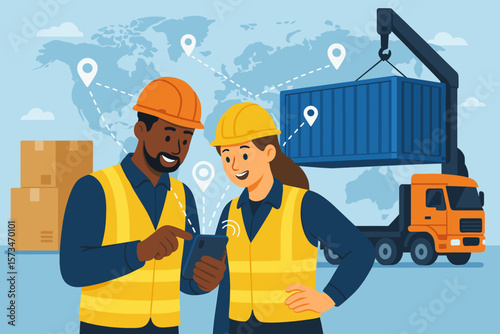 Workers track cargo freight with a phone. Smart logistics, global shipping network, import-export. Supply chain management, delivery, transportation vector illustration.