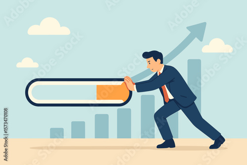 Businessman Pushing Progress Bar to Achieve Project Success, Career Ambition, Business Growth, Effort, Accomplishment, Overcoming Challenges, Professional Development