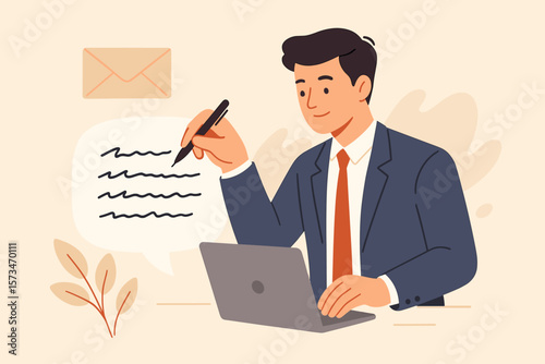 Written communication skills for business success. Businessman writing email on laptop. Concept of professional correspondence, messaging, content creation, copywriting.