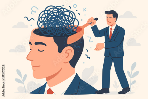 Mind decluttering concept. Untangling thoughts for mental health. Psychology and stress relief. Metaphor for therapy and psychotherapy. Man cleans chaotic brain, solves problems.