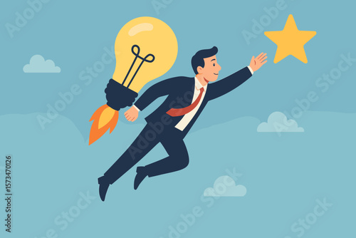 Innovative business success journey concept. Businessman with rocket lightbulb flies to a star. Metaphor for creativity, ambition, goal achievement, motivation, and leadership.