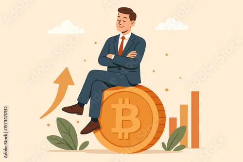 Successful bitcoin investor relaxing. Man in suit sitting on a giant BTC coin. Cryptocurrency investment growth concept. Financial profit from crypto trading. Digital currency.