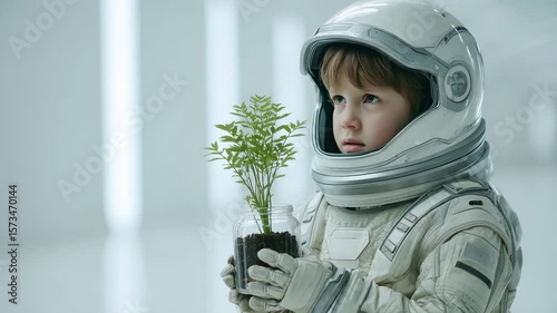 In a futuristic setting, a young astronaut nurtures a plant
