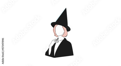 Faceless woman with pink hair in a witch hat. Modern Halloween character illustration. Minimalist line art design for party invitations, social media graphics, or festive decorations.