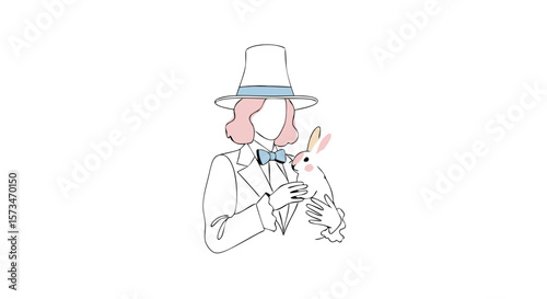 Magician in a tuxedo and top hat holding a rabbit. Magic show and entertainment concept. Minimalist line art illustration for event flyers, posters, or children's party invitations. Easter theme.