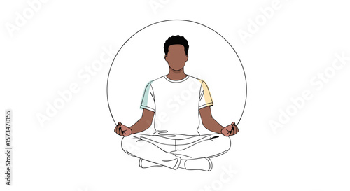 Faceless African American man meditating in a lotus pose. Mental health and wellness icon for apps or websites. Line art illustration promoting mindfulness, calm, and stress relief.