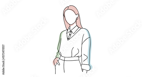 Faceless portrait of a stylish woman with pink hair. Modern business casual or street style concept. Minimalist line art illustration for fashion blogs, branding, or avatar design. Copy space.