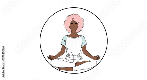 African American woman with pink hair meditating. Mindfulness and self-care concept for wellness blogs or apps. Line art icon of a person in a lotus pose promoting peace and relaxation.
