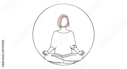 Faceless woman meditating in a lotus pose. Circular icon for a yoga studio or wellness app. Minimalist line art promoting mental health, relaxation, and mindfulness. With copy space.