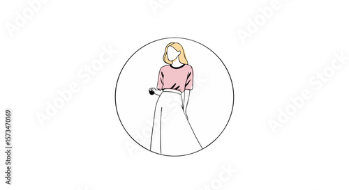 Stylish faceless woman in a pink shirt and skirt. Circular icon for a fashion blog, boutique, or social media profile. Minimalist line art character design for branding or avatar use.