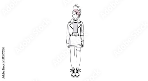 Woman with a mohawk in a punk rock outfit. Alternative fashion and subculture concept. Line art character illustration for music event posters, fashion blogs, or zine graphics.