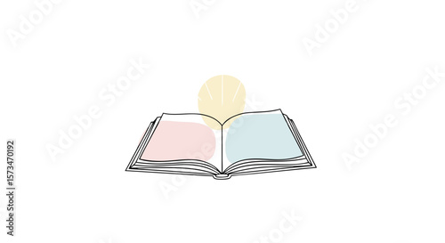 Open book with a rising sun. Concept of knowledge, education, and learning bringing enlightenment. Minimalist line art icon for a library, bookstore, school, or educational program.