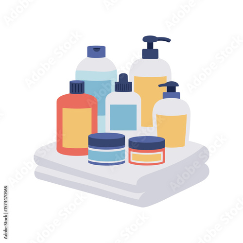 Assorted skincare and haircare bottles arranged on towels – stock vector in colorful flat style