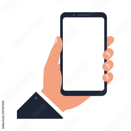 Male hand holding smartphone with blank screen for app or web display – stock vector in colorful flat style