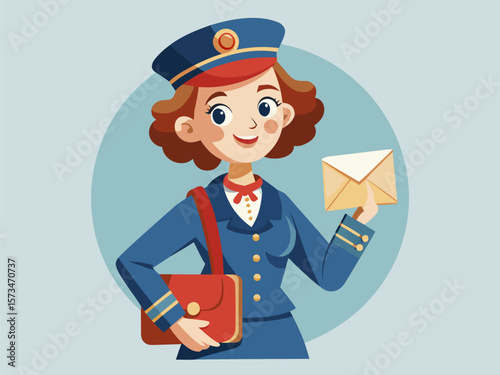 Vintage cartoon mailwoman holding envelope wearing classic uniform with large mailbag and friendly smile