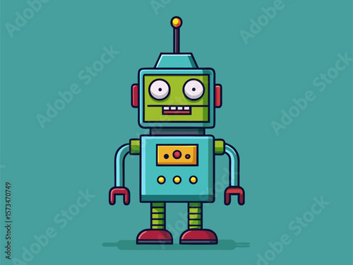 Vintage style mechanical robot with antenna on head and glowing eyes animated expression