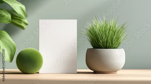 3D rendering, mockup of a blank white A5 card standing on a table with a green plant pot and grassy ball in front of it
