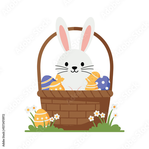 Cute bunny in easter basket with colorful eggs and flowers – stock vector in colorful flat style