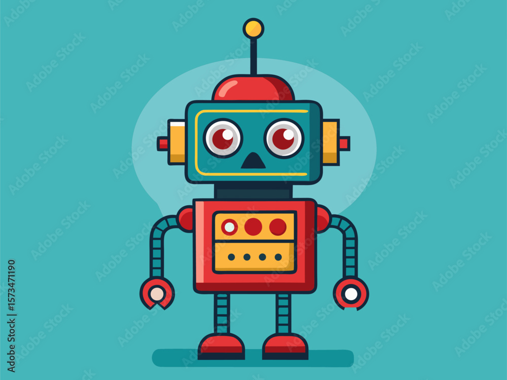Fototapeta premium Retro cartoon robot character with blinking lights and boxy body standing in spotlight