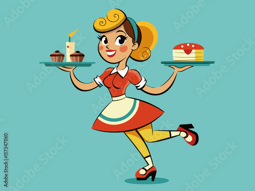 Retro 1950s diner waitress roller-skating cheerfully carrying tray of classic American food